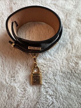 Juicy Couture Black Label Black Leather Gold Tone Padlock Charm Cuff EUC!